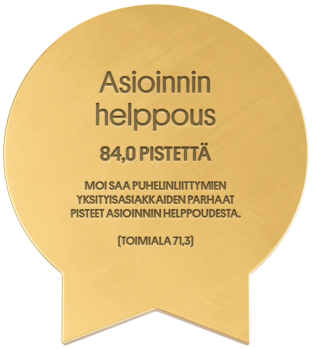 Asioinnin helppous - 84,0 pistettä - Moi saa puhelinliittymien yksityisasiakkaiden parhaat pisteet asioinnin helppoudesta. (toimiala 71,3)